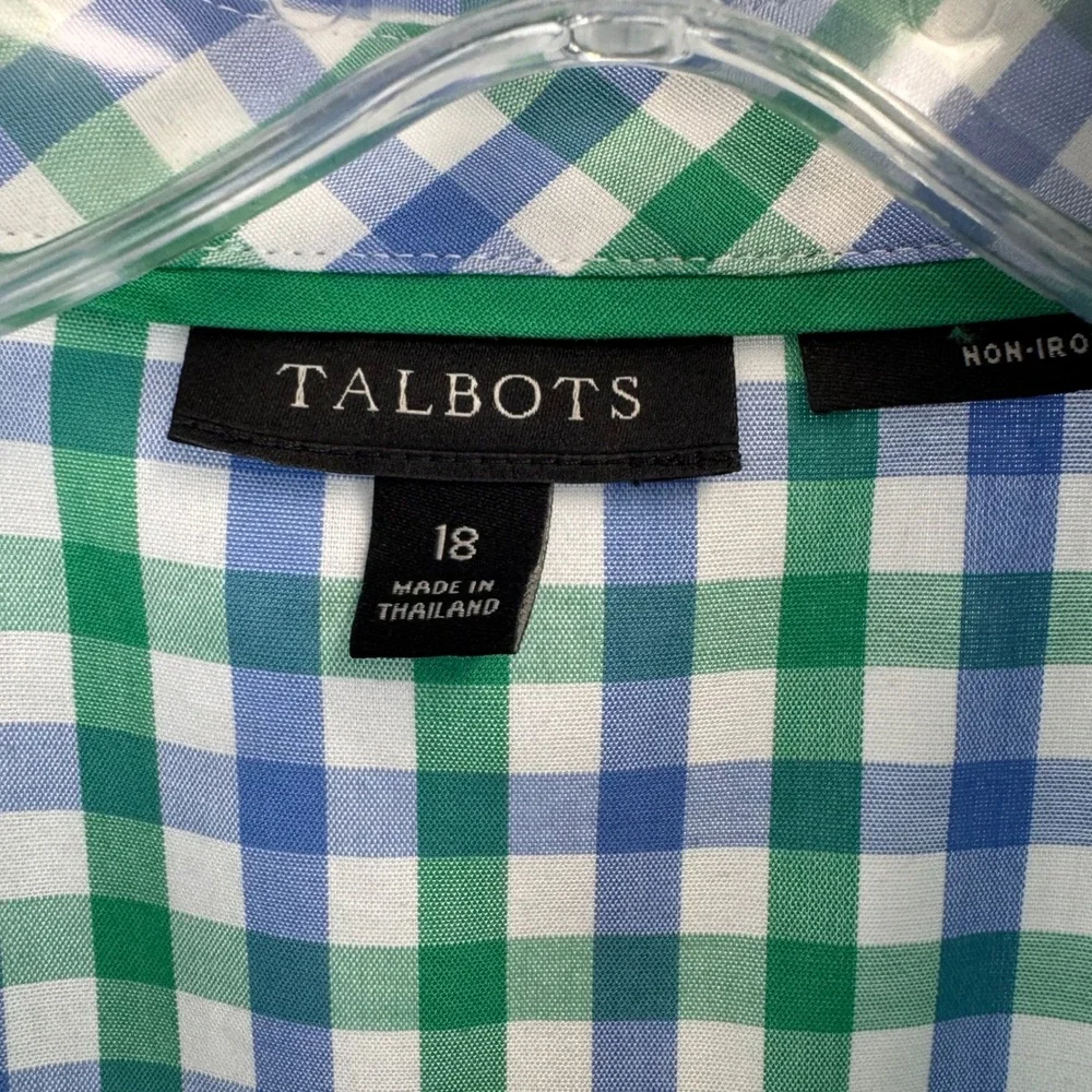 Talbots Womens 18 Gingham Sleeveless Button Down Shirt Scallop Trim Green Blue - Picture 3 of 13